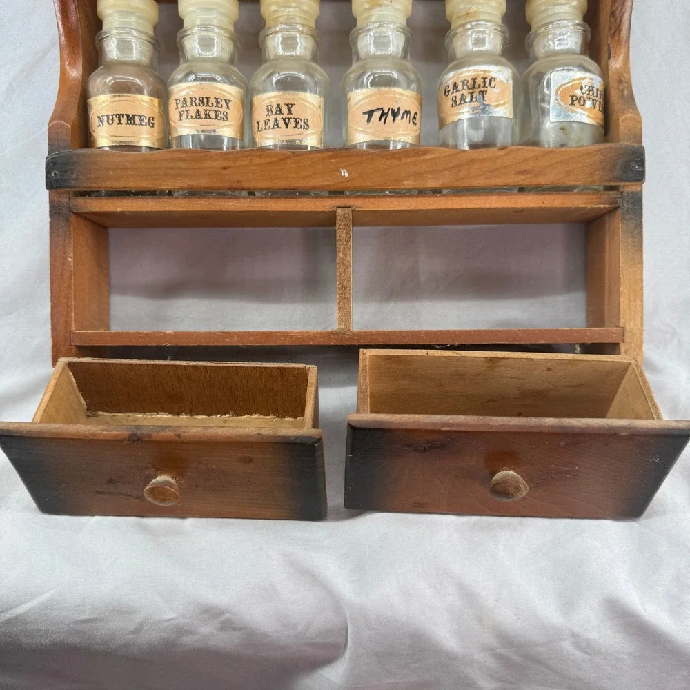 Vintage Wooden Spice Rack 12 Glass Apothecary Jars 2 Drawers Wall Mount Brown